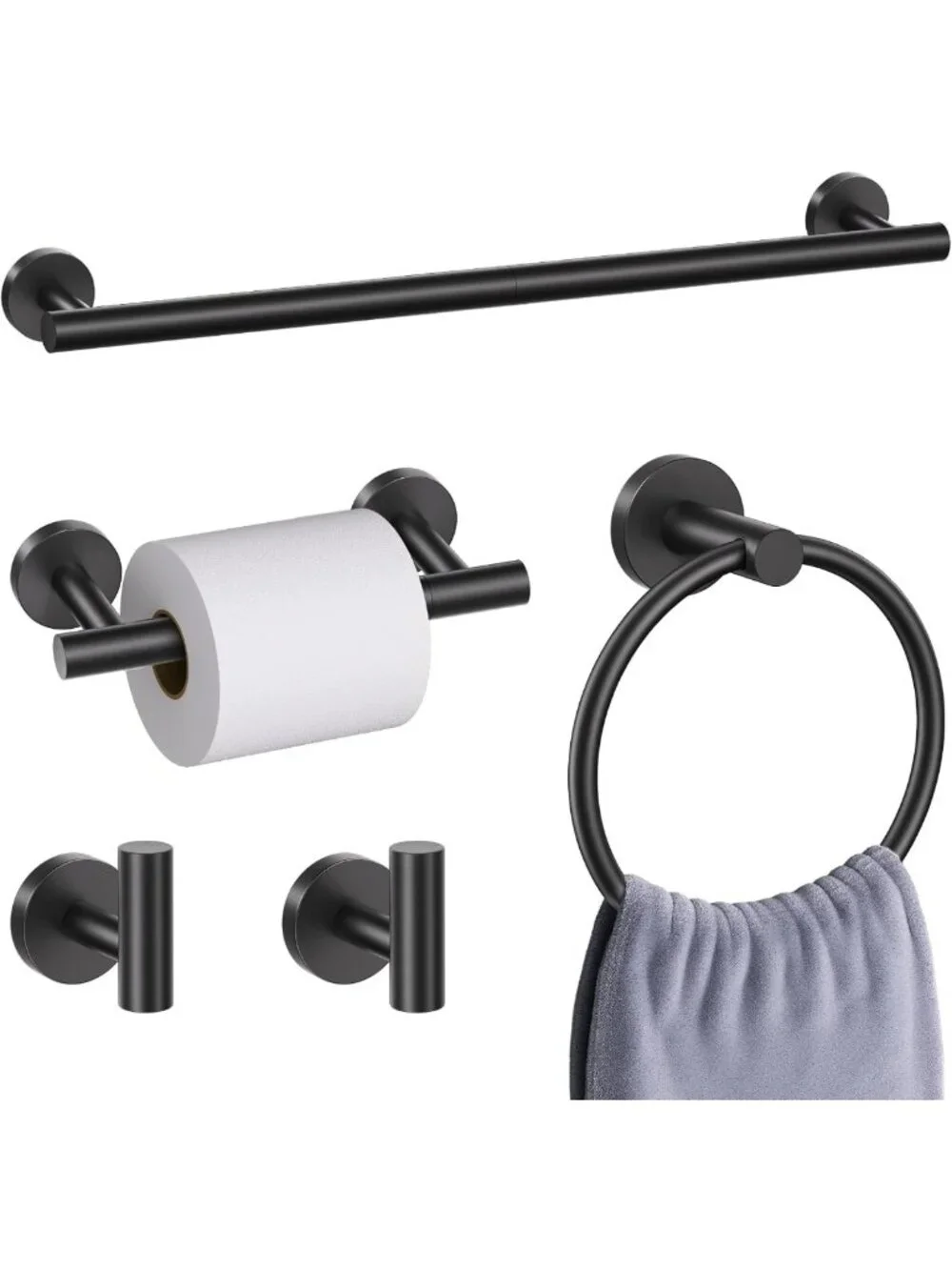Matte Black Bathroom Accessories Set - 5-Piece Towel Bar & Toilet Paper Holder